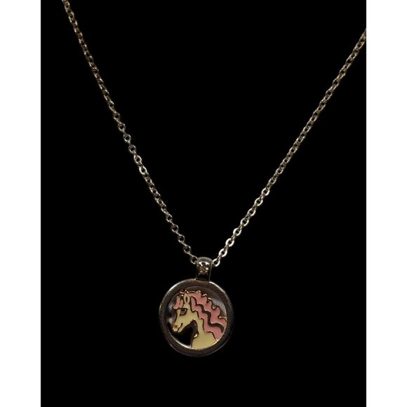 Vintage Pink And White Unicorn Pendant Necklace With Gold Tone Chain - Picture 2 of 6